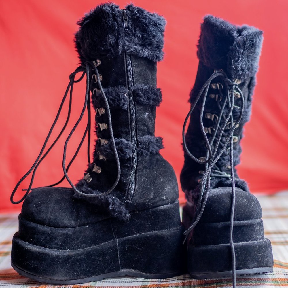 Demonia Bear-202 Black Furry Funky Boots